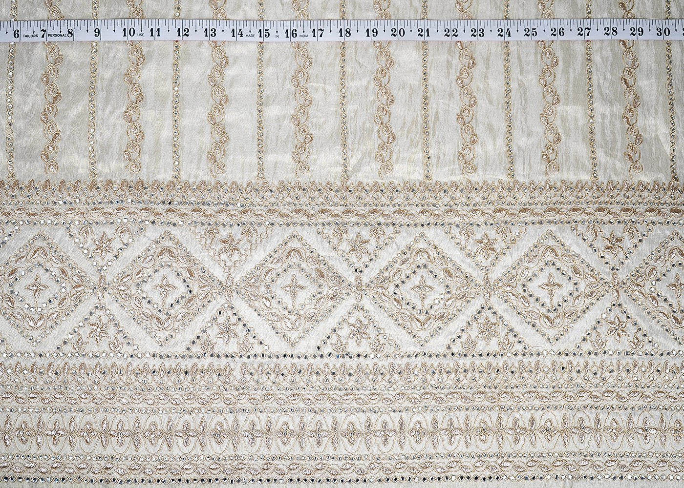 Golden Tissue Fabric With All Over Bead, Faux Mirror And Thread Work 19120
