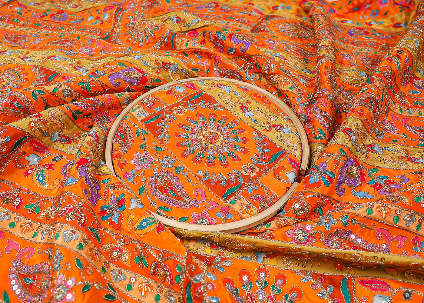 Orange Crepe Fabric With All Over Traditional Print With Thread And Zari Handloom 19125