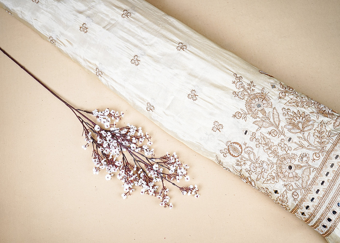 Golden Tissue Fabric With All Over Bead, Faux Mirror And Thread Work 19128