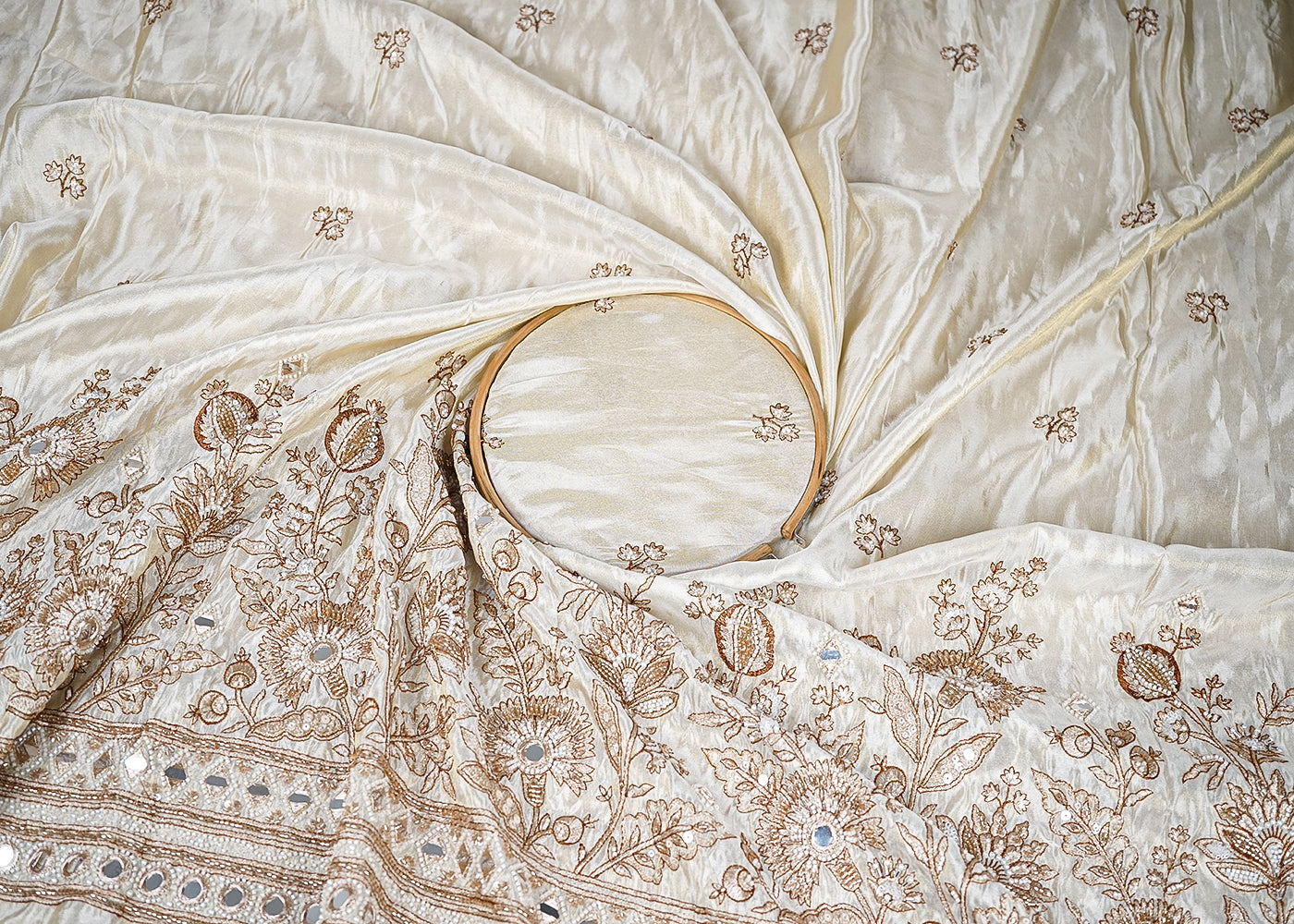 Golden Tissue Fabric With All Over Bead, Faux Mirror And Thread Work 19128