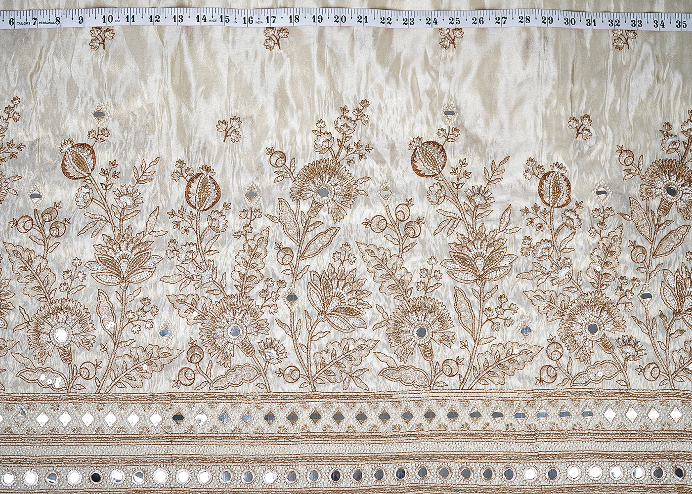Golden Tissue Fabric With All Over Bead, Faux Mirror And Thread Work 19128