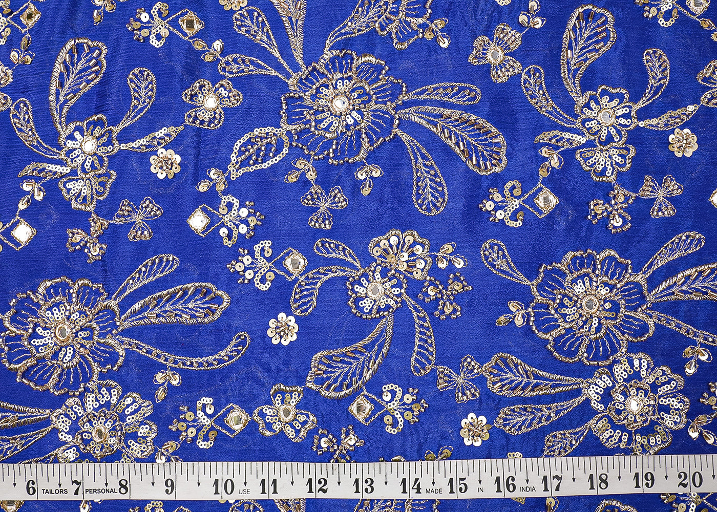 Royal Blue Chinon Chiffon Fabric With All Over Zari, Bead, Katdana And Faux Mirror Work 19129