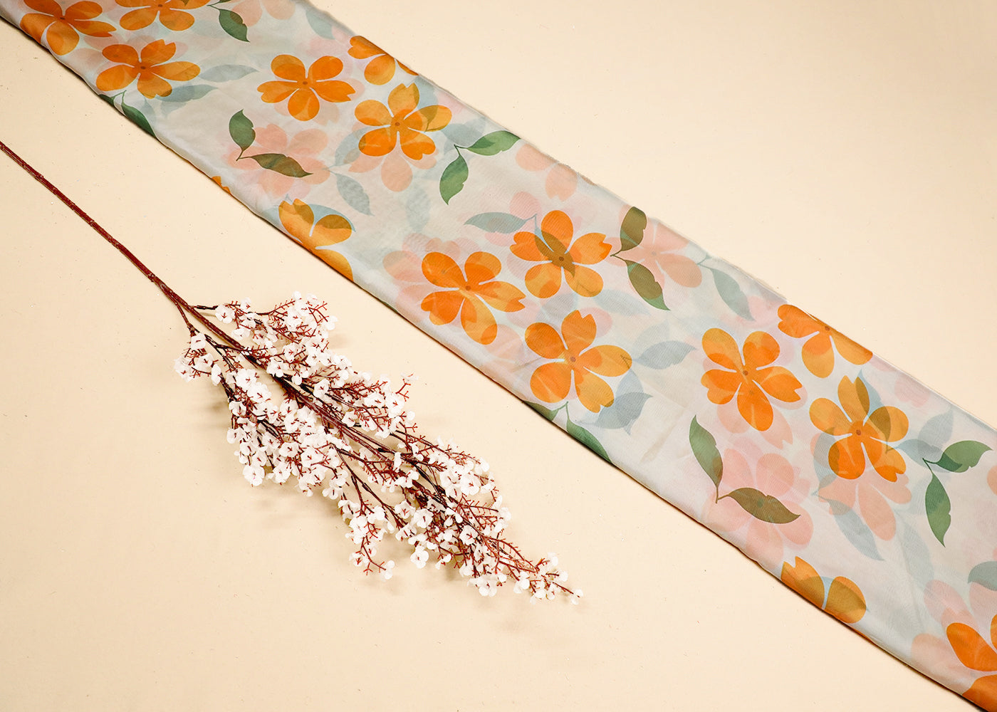 White Organza Fabric With All Over Floral Print 19133