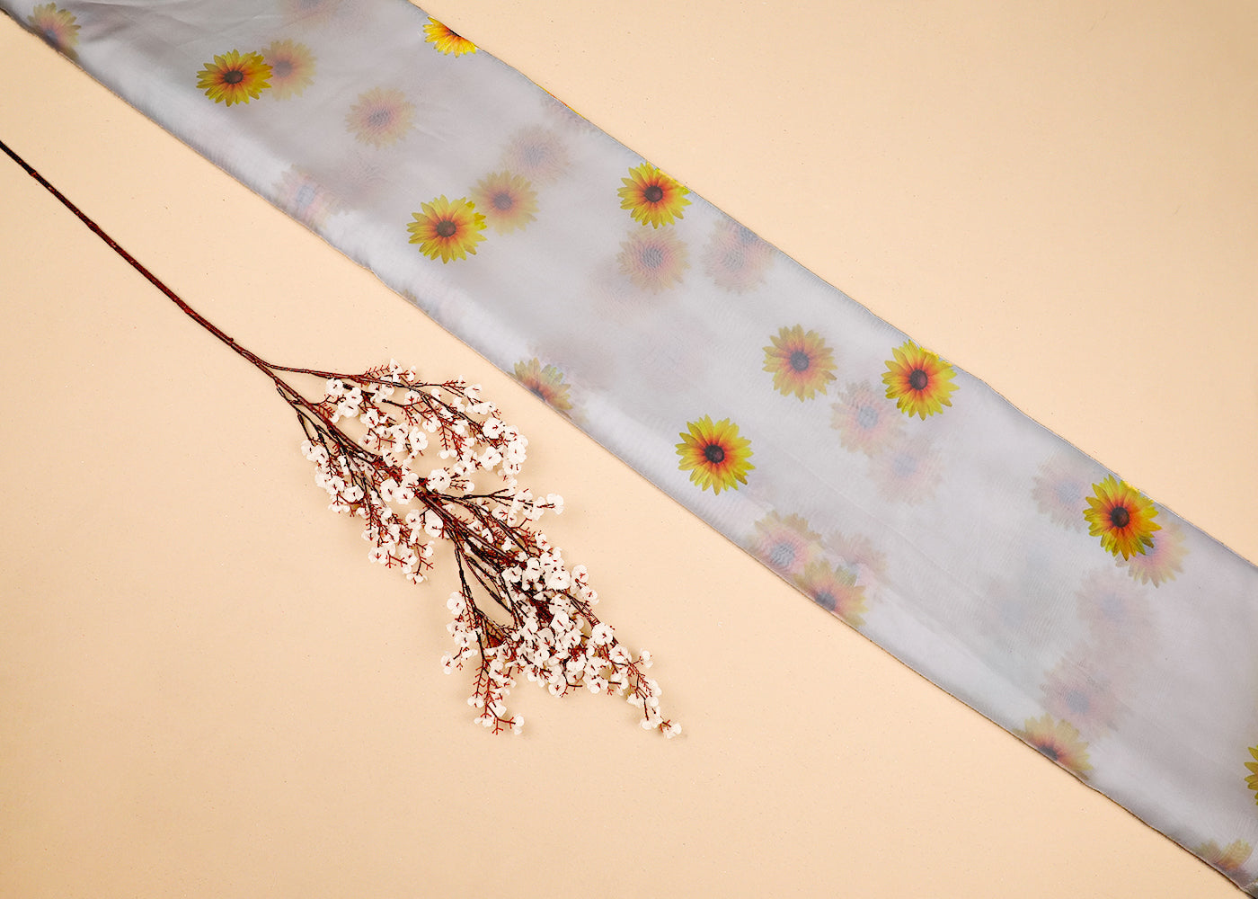 White Organza Fabric With All Over Floral Print 19135