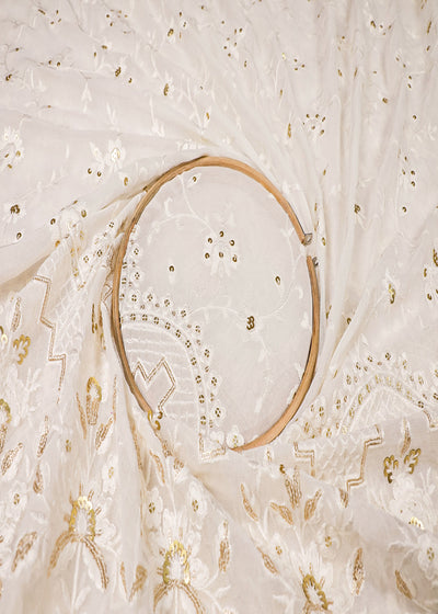White Dyeable Georgette Fabric With All Over Thread And Sequins Work With One Side Border 19156