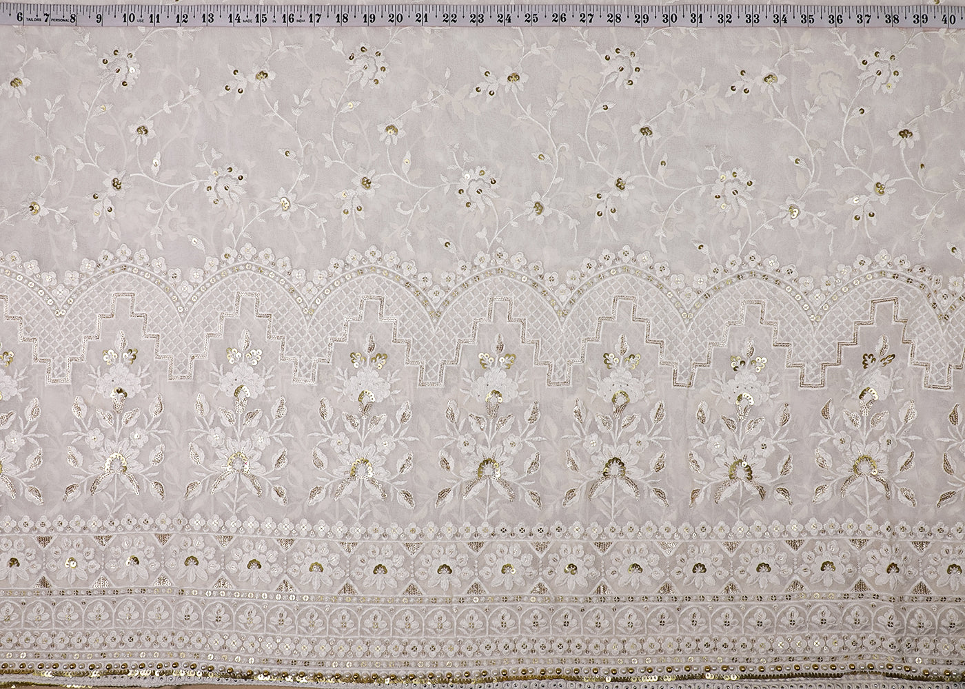 White Georgette Fabric With All Over Thread And Sequins Work With One Side Border 19156