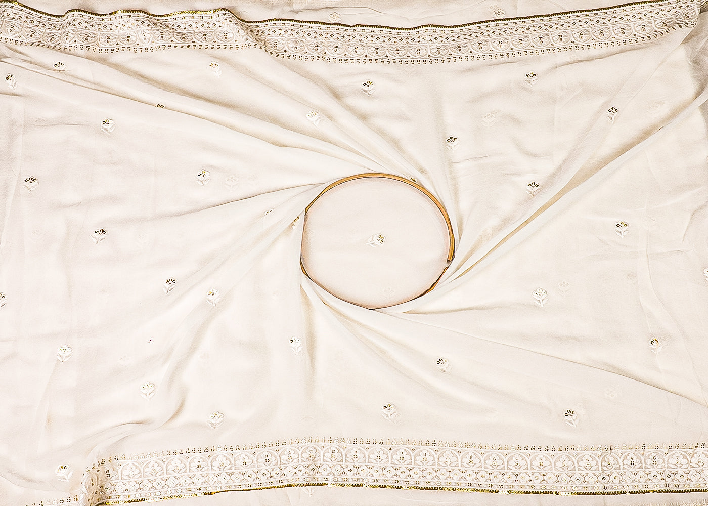 White Dyeable Organza Dupatta Fabric With All Over Thread And Sequins Work With Two Side Border 19157