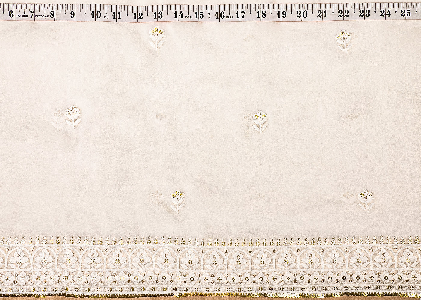 White Dyeable Organza Dupatta Fabric With All Over Thread And Sequins Work With Two Side Border 19157