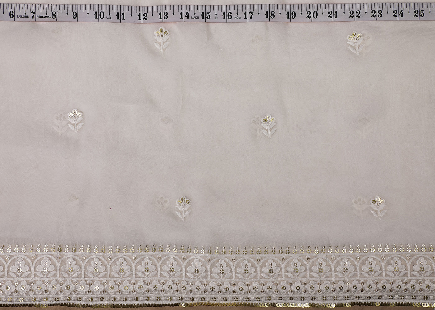 White Organza Fabric With All Over Thread And Sequins Work With Two Side Border 19157