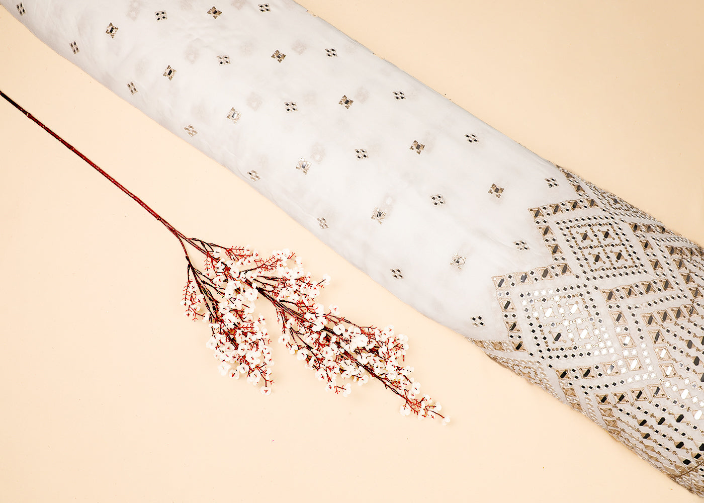 White Georgette Fabric With All Over Thread, Faux Mirror And Sequins Work With One Side Border 19158