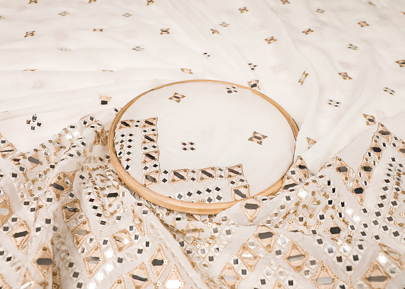 White Georgette Fabric With All Over Thread, Faux Mirror And Sequins Work With One Side Border 19158