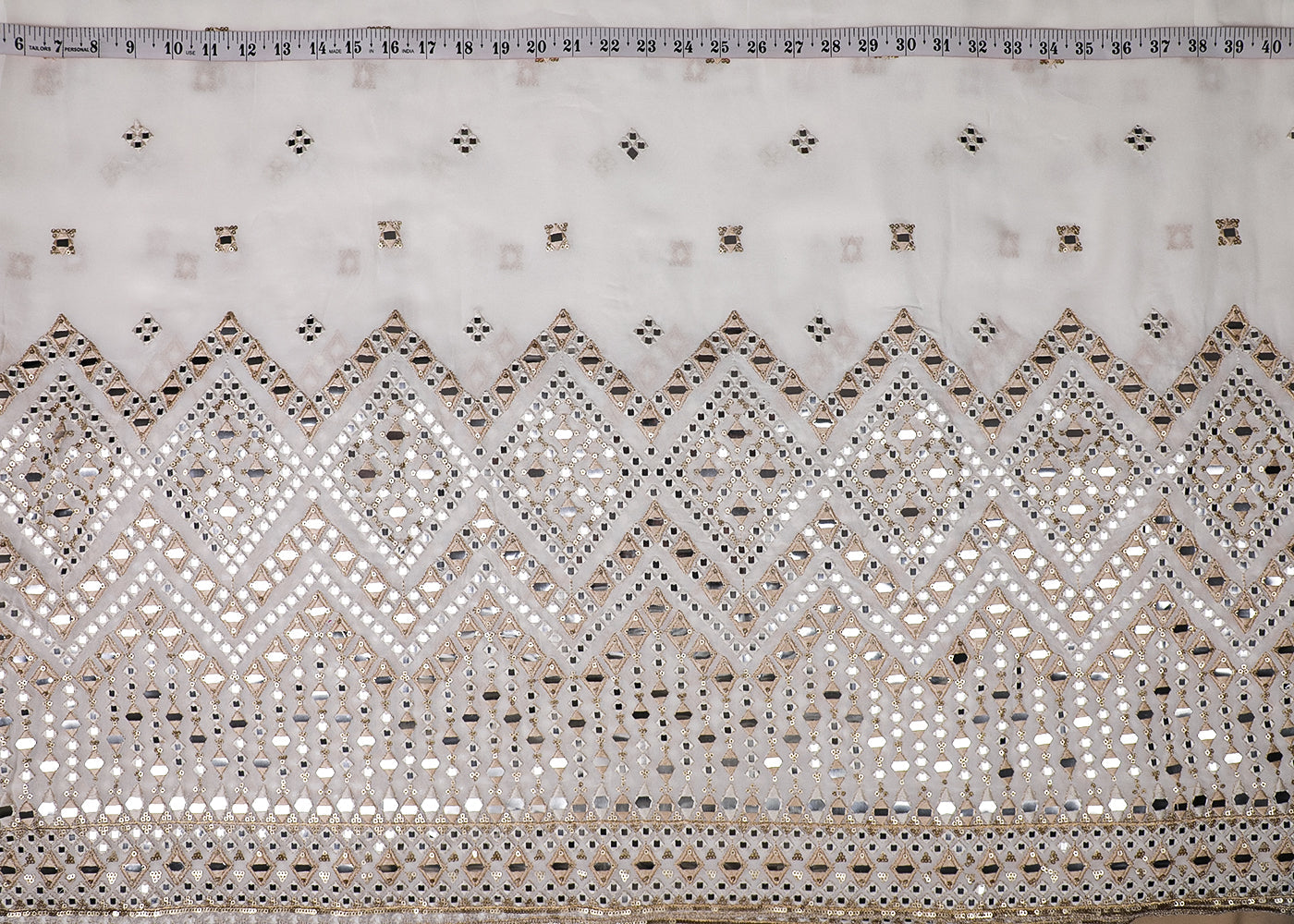 White Georgette Fabric With All Over Thread, Faux Mirror And Sequins Work With One Side Border 19158