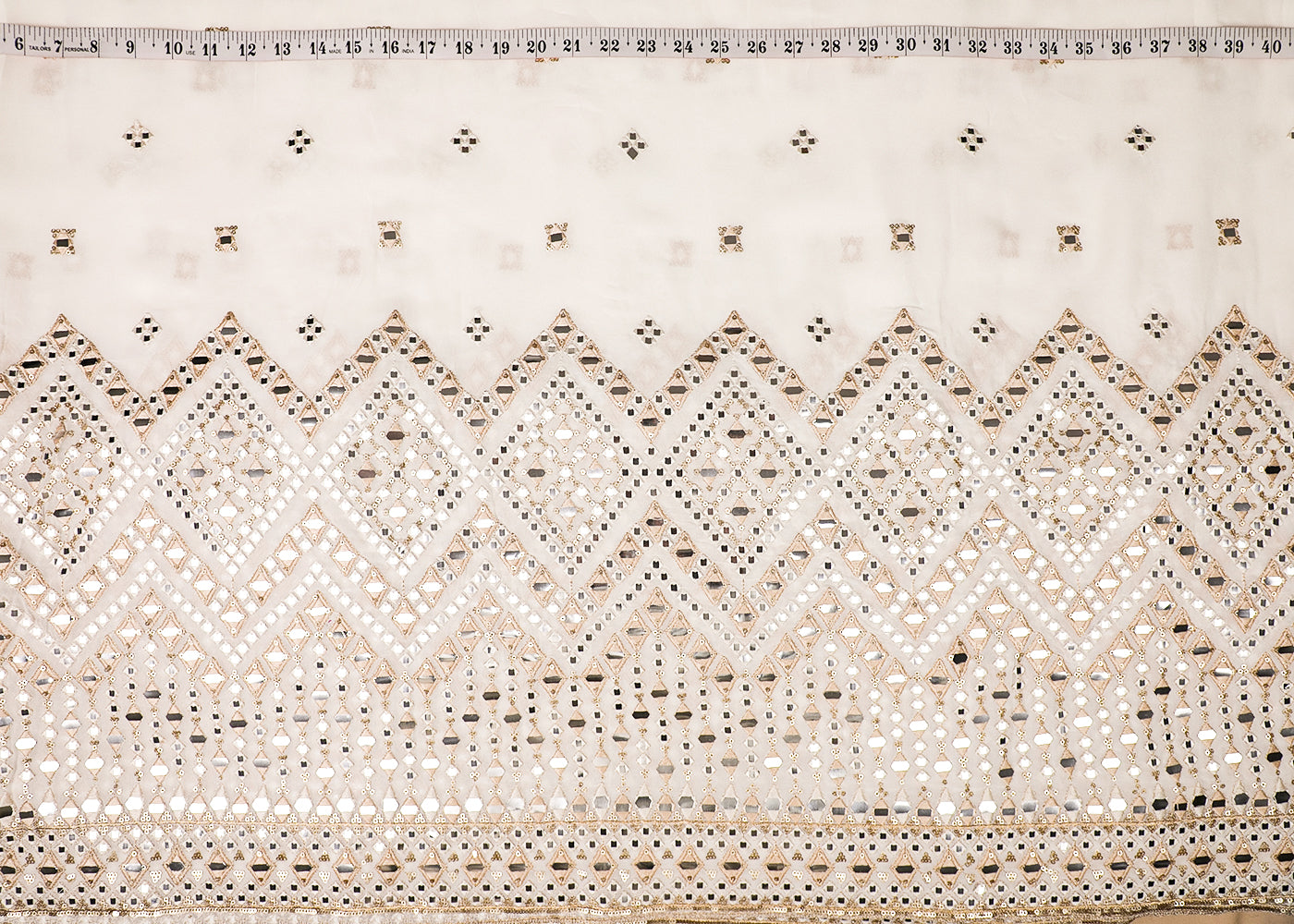 White Georgette Fabric With All Over Thread, Faux Mirror And Sequins Work With One Side Border 19158