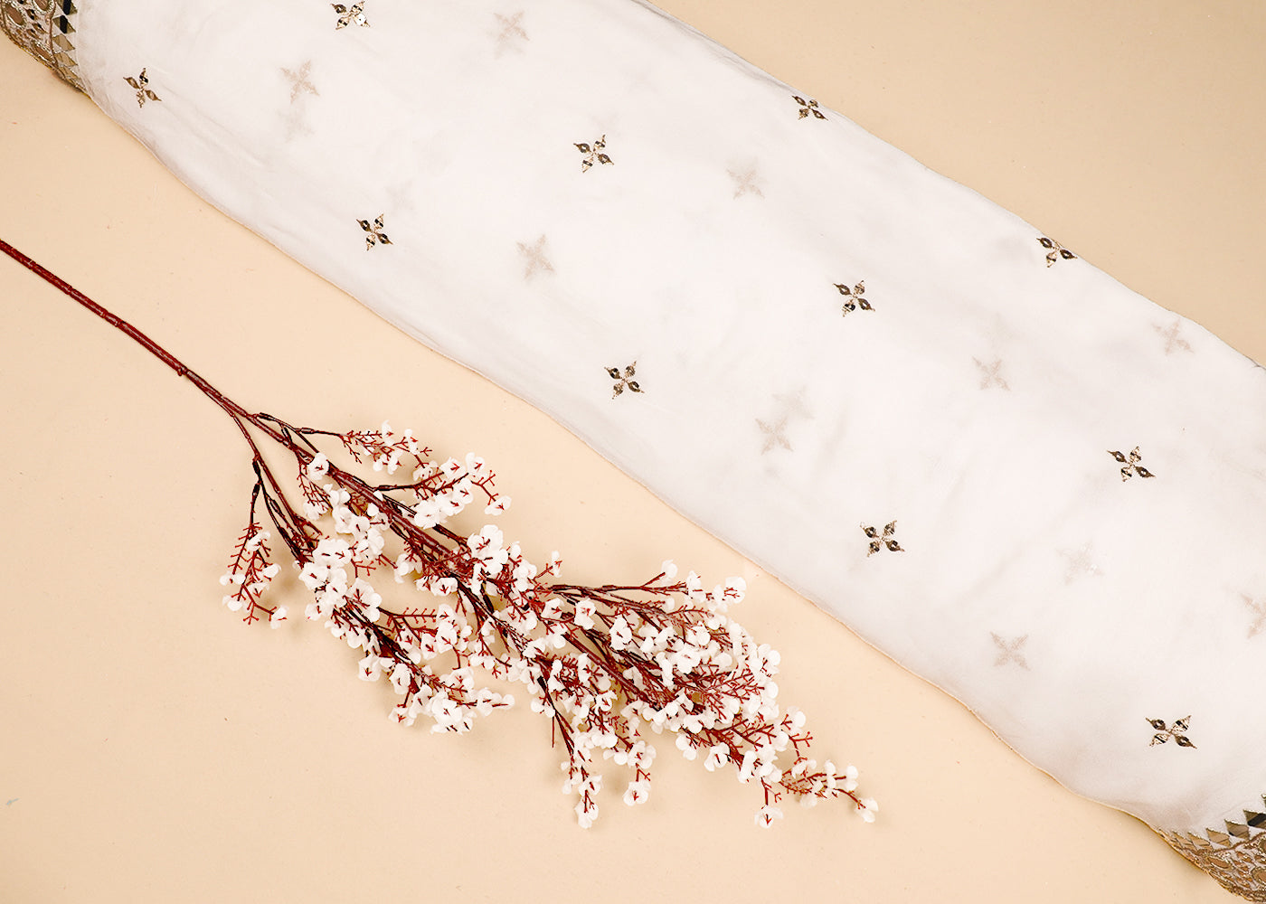 White Georgette Dupatta Fabric With All Over Zari, Sequins And Faux Mirror Work With Two Side Border 19161