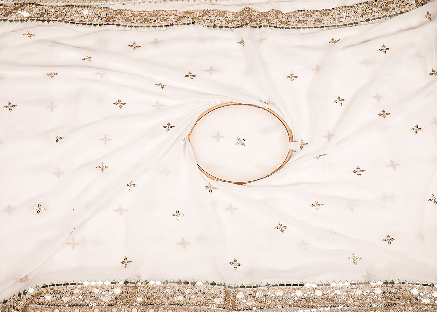 White Georgette Dupatta Fabric With All Over Zari, Sequins And Faux Mirror Work With Two Side Border 19161
