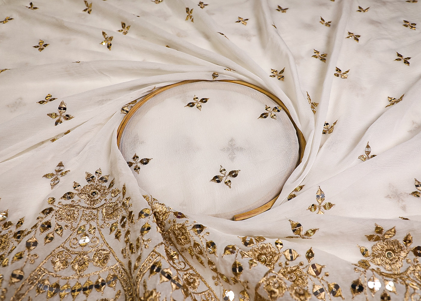 White Georgette Fabric With All Over Sequins And Zari Work With One Side Border 19162