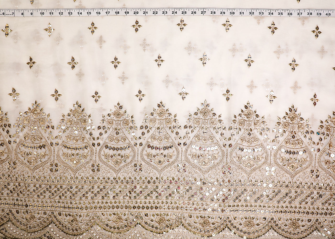 White Georgette Fabric With All Over Sequins And Zari Work With One Side Border 19162