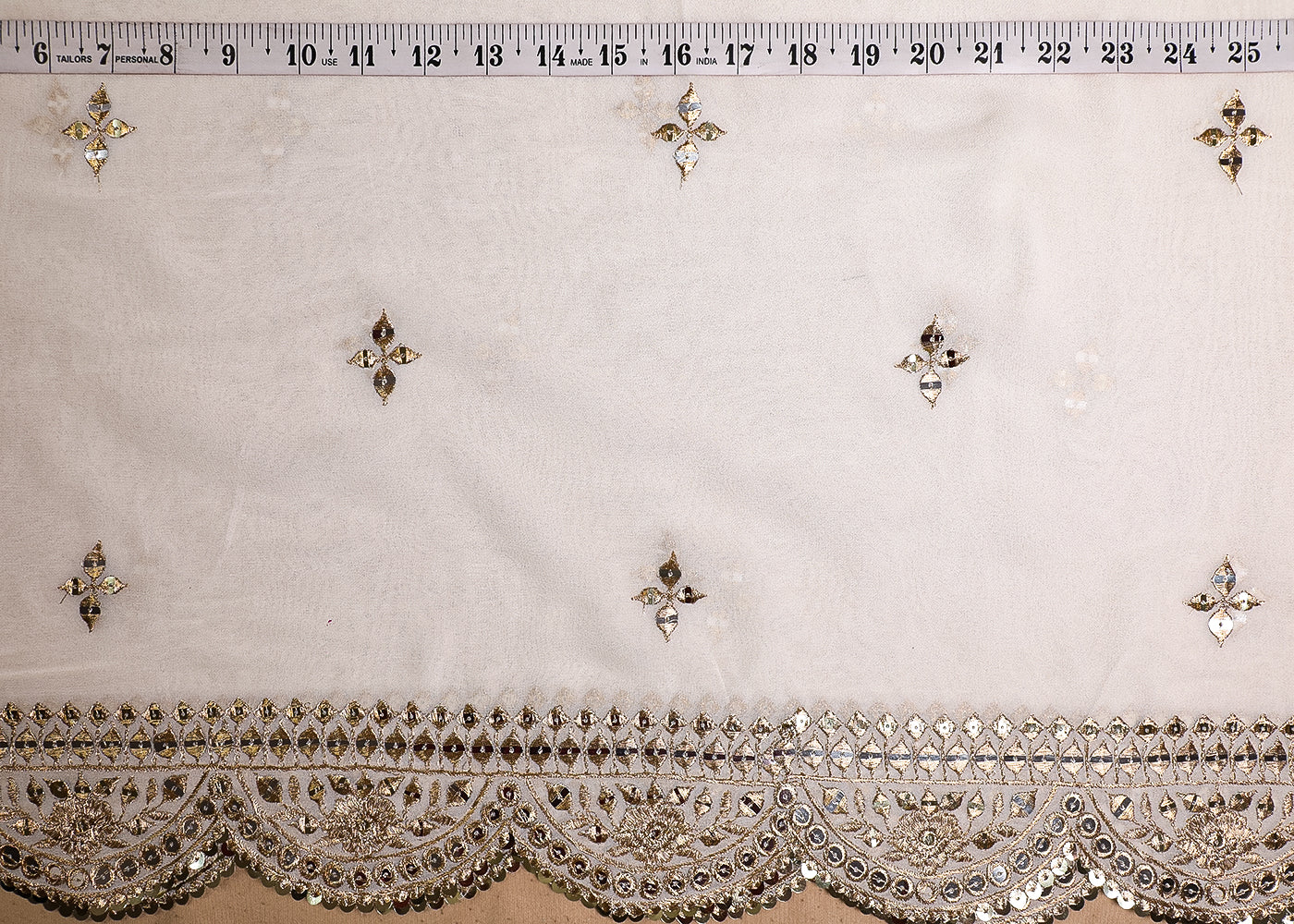 White Georgette Fabric With All Over Sequins And Zari Work With Two Side Border 19163