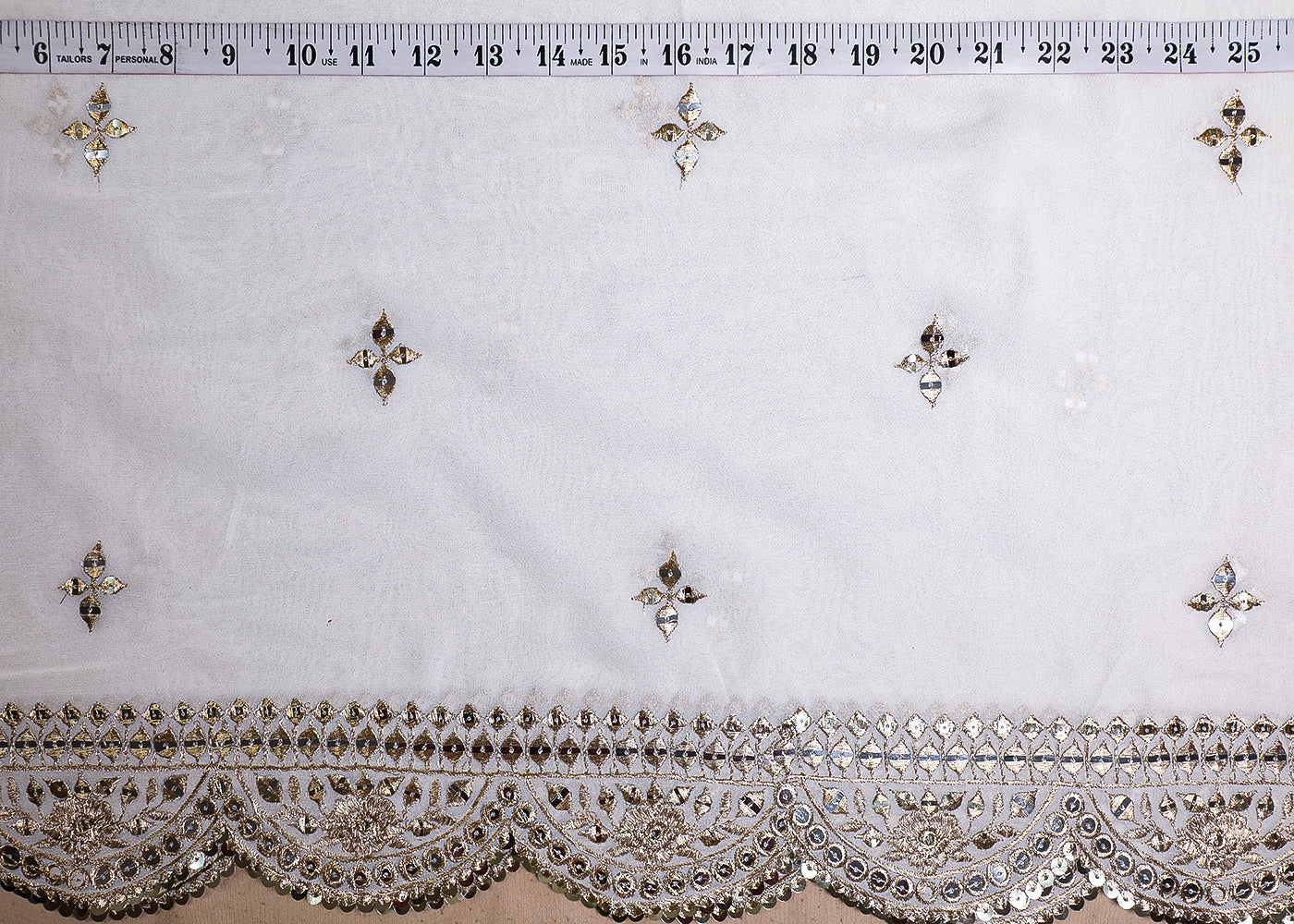 White Georgette Dupatta Fabric With All Over Sequins And Zari Work With Two Side Border 19163