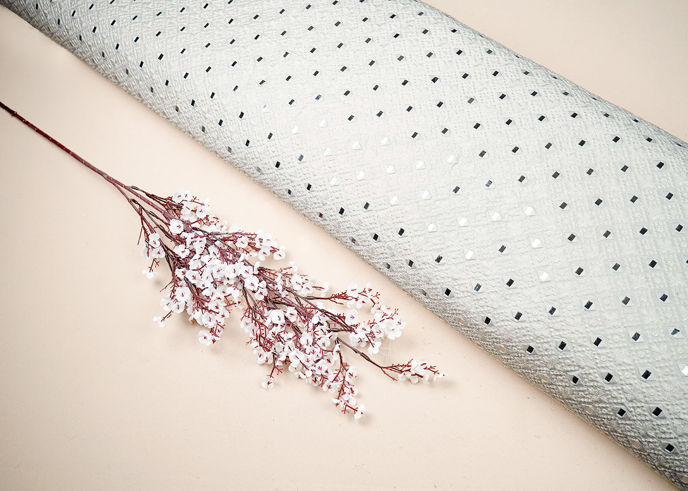 White Silk Dupion Fabric With All Over Thread And Faux Mirror Work 19167