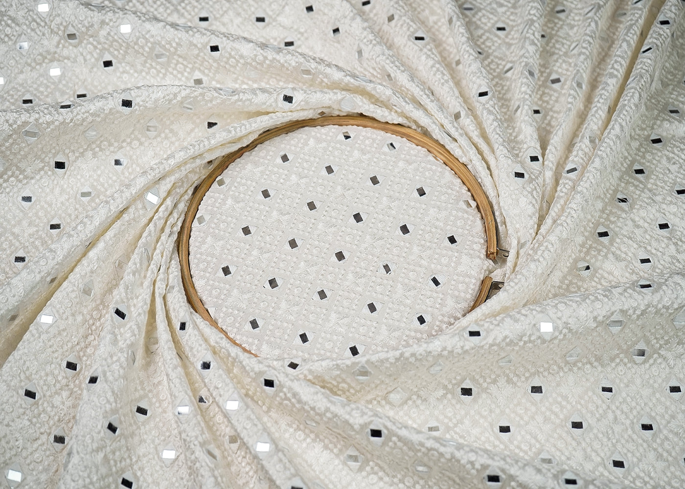 White Silk Dupion Fabric With All Over Thread And Faux Mirror Work 19167