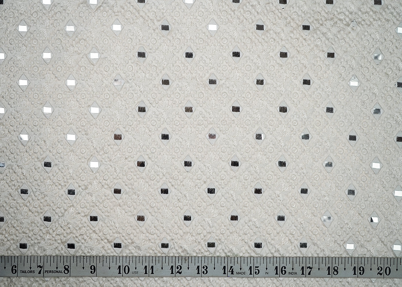 White Silk Dupion Fabric With All Over Thread And Faux Mirror Work 19167