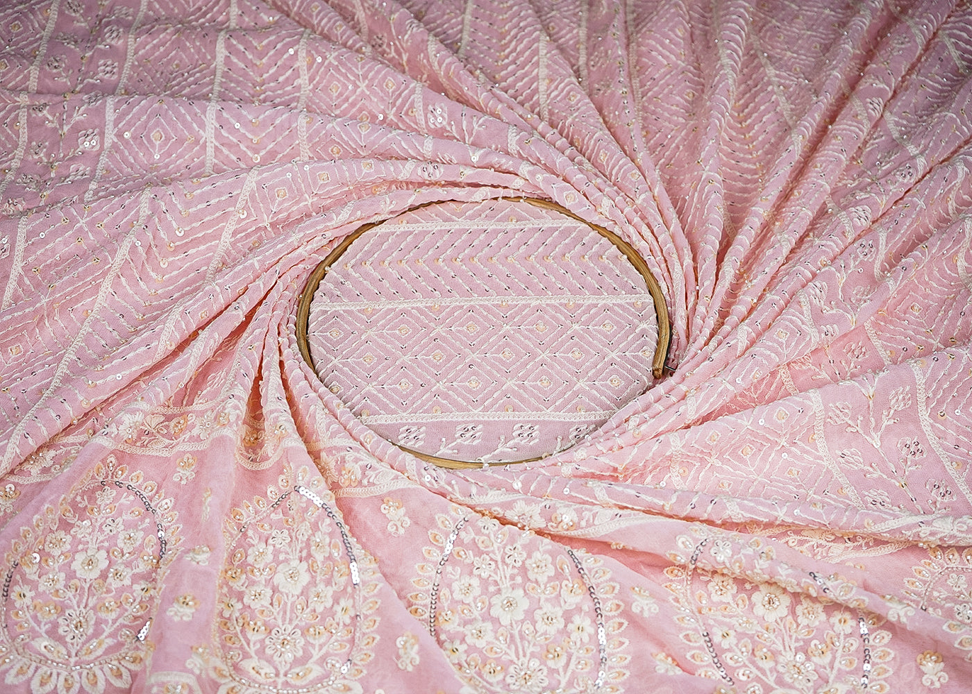 Pastel Pink Georgette Fabric With All Over Thread, Sequins And Bead Work With One Side Border 19169