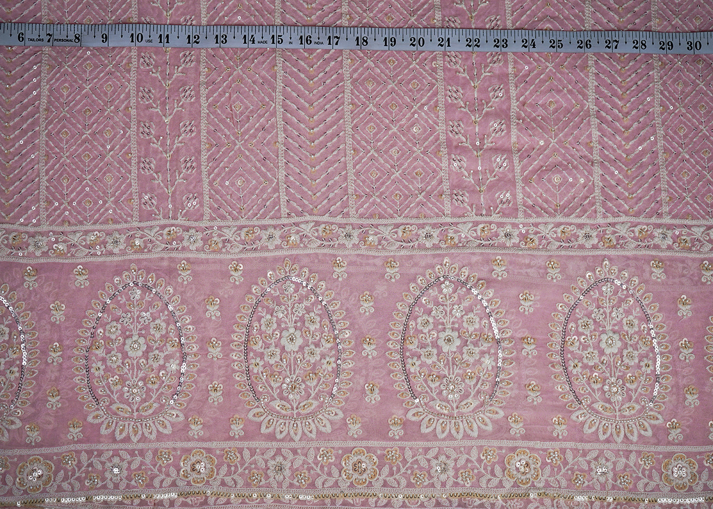 Pastel Pink Georgette Fabric With All Over Thread, Sequins And Bead Work With One Side Border 19169