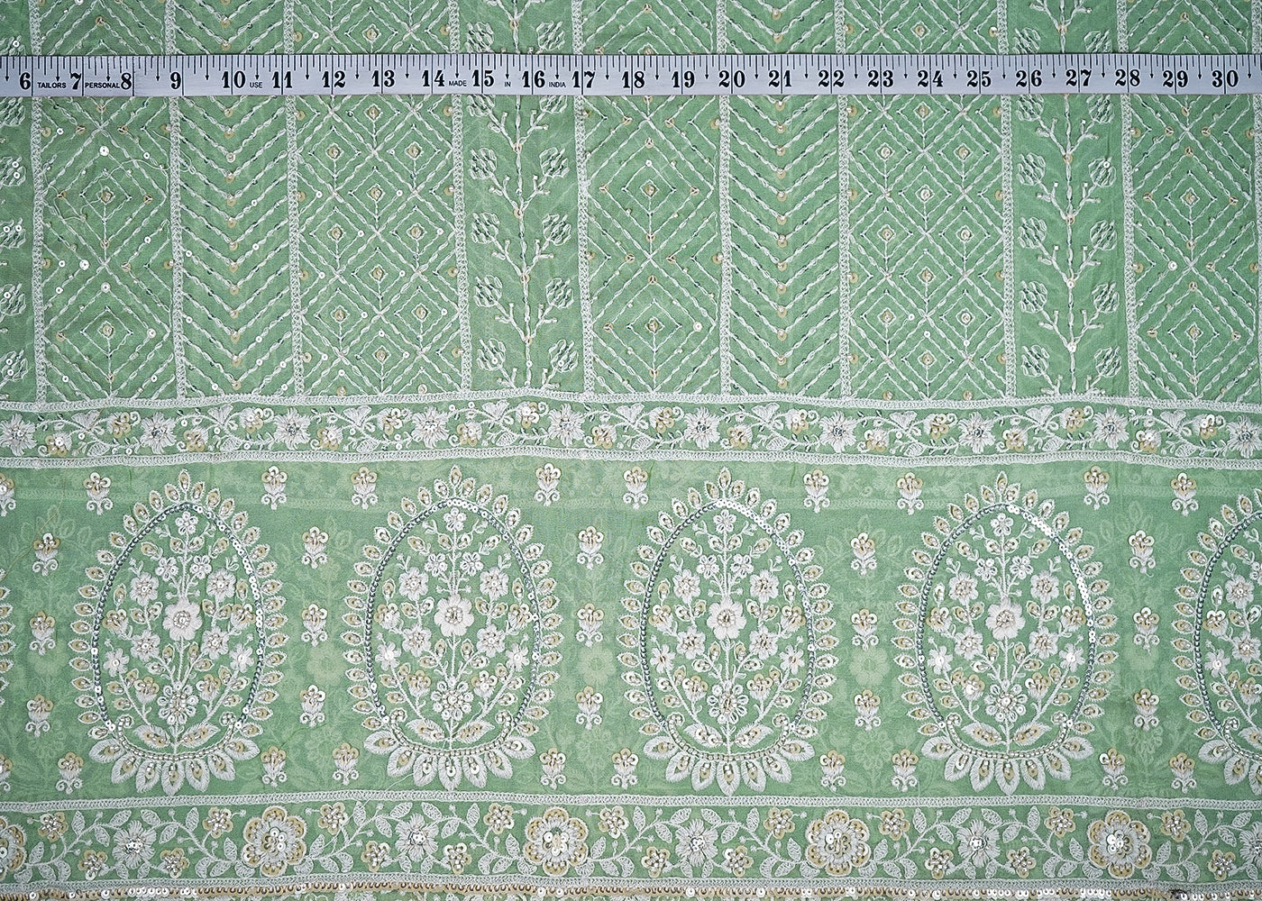 Pastel Green Georgette Fabric With All Over Thread, Sequins And Bead Work With One Side Border 19170