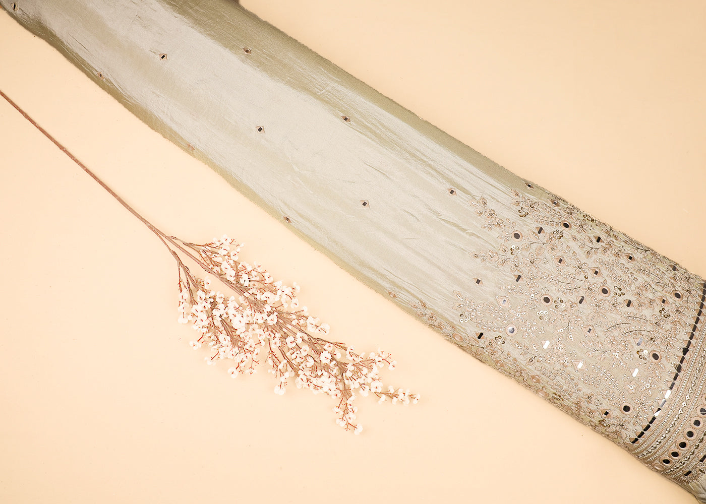 Golden Tissue Fabric With All Over Thread, Sequins And Faux Mirror Work With One Side Border 19173