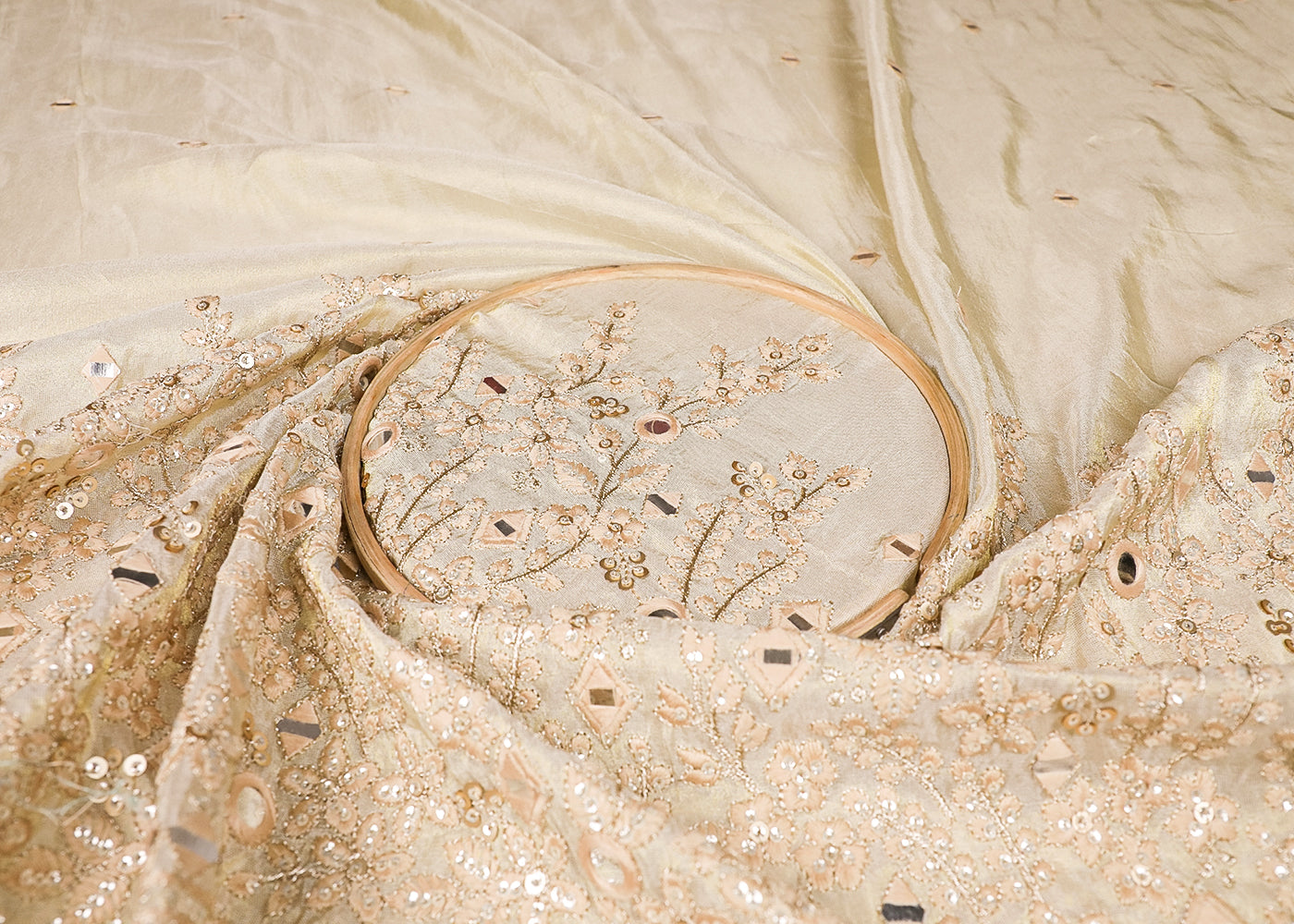 Golden Tissue Fabric With All Over Thread, Sequins And Faux Mirror Work With One Side Border 19173