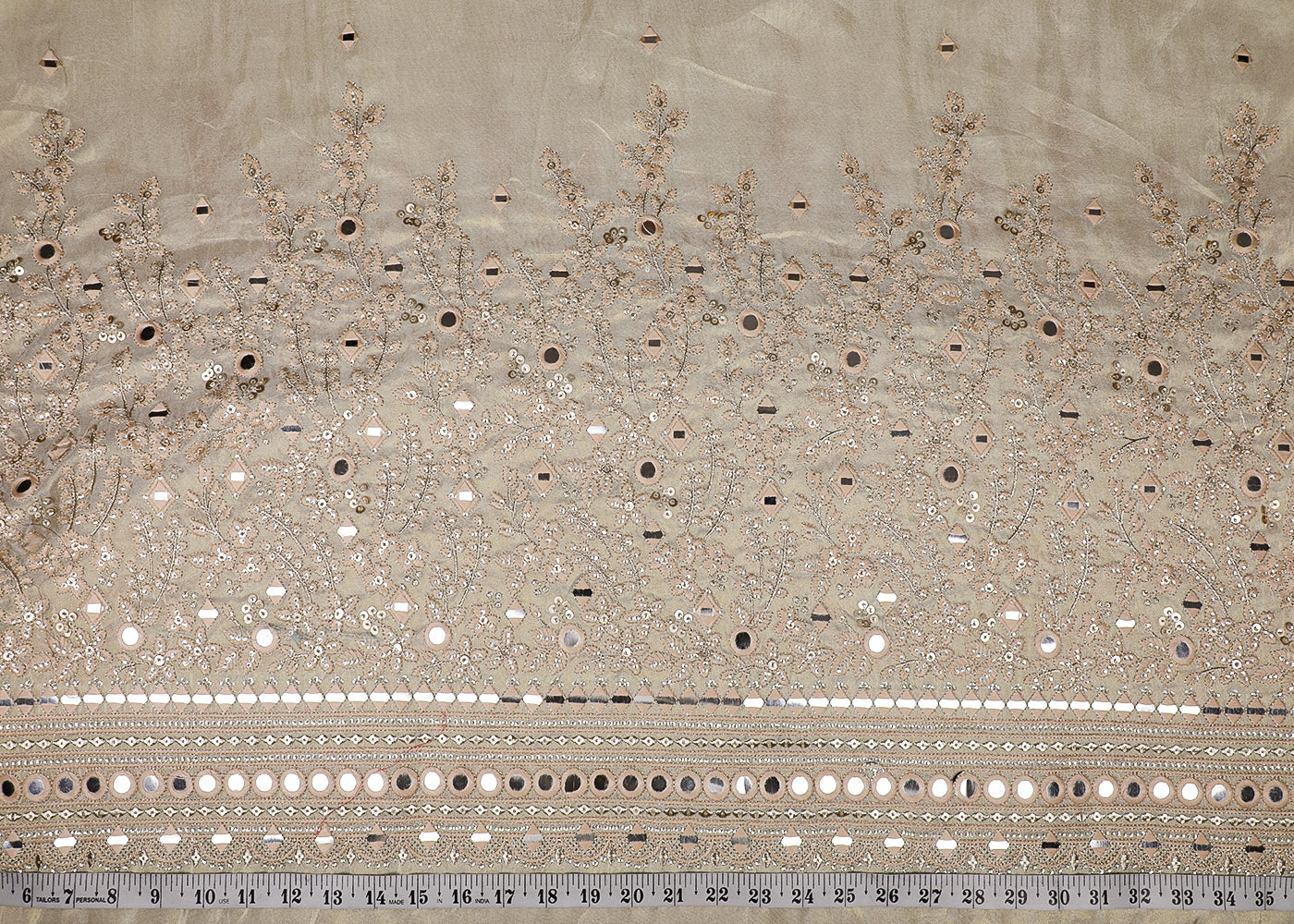 White Tissue Fabric With All Over Thread, Sequins And Faux Mirror Work With One Side Border 19173
