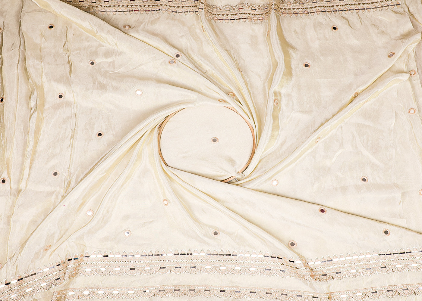 White Tissue Fabric With All Over Thread, Sequins And Faux Mirror Work With One Side Border 19174