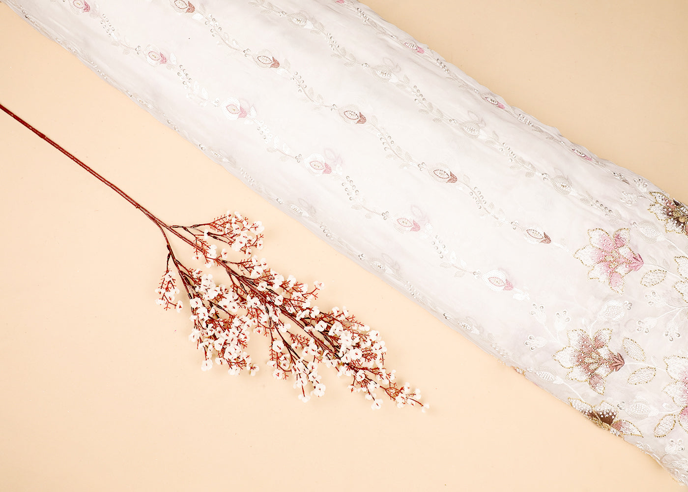 White Georgette Fabric With All Over Thread, Bead And Sequins Work With One Side Border 19176