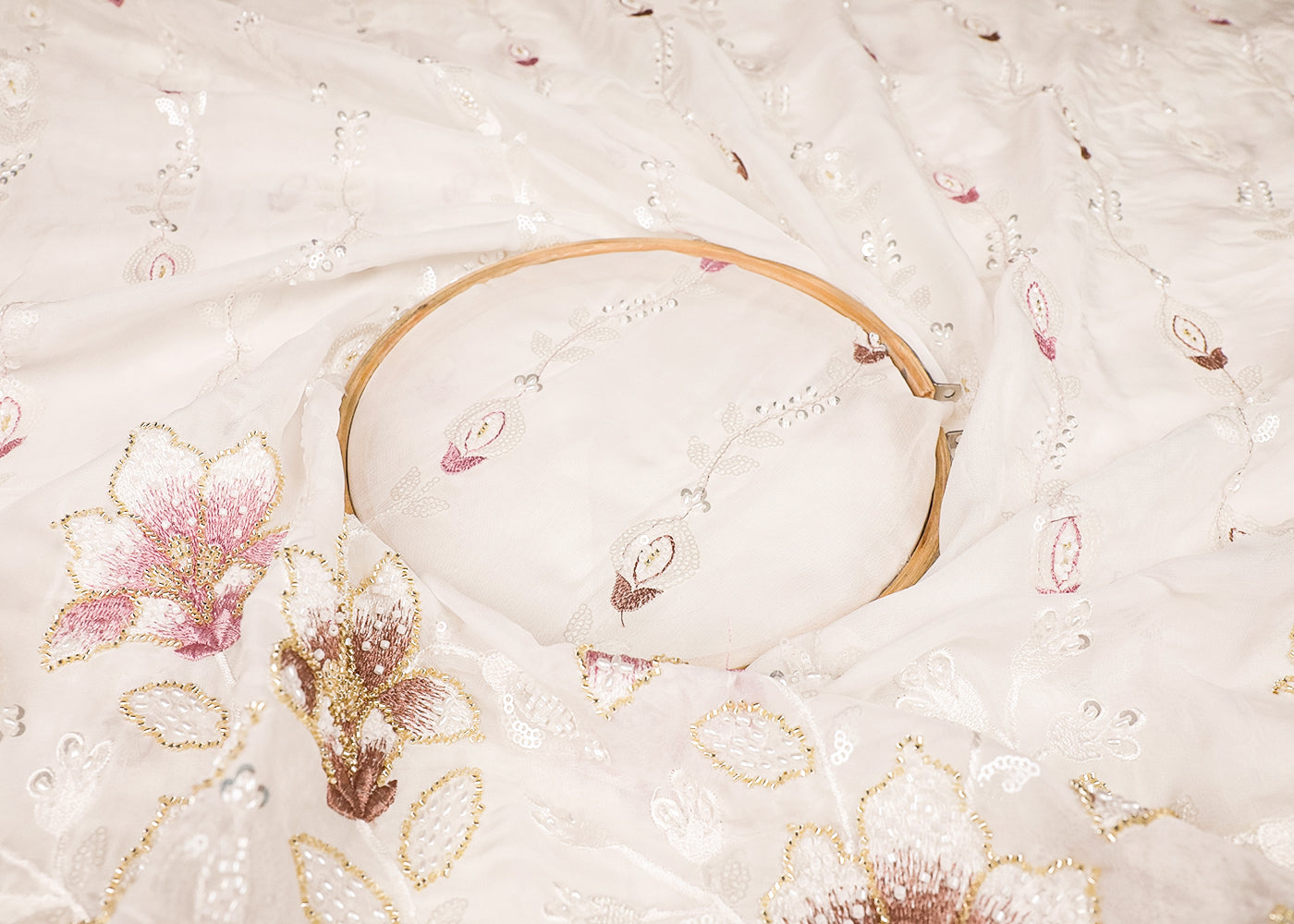 White Georgette Fabric With All Over Thread, Bead And Sequins Work With One Side Border 19176