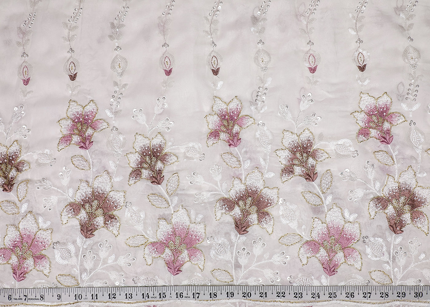 White Georgette Fabric With All Over Thread, Bead And Sequins Work With One Side Border 19176
