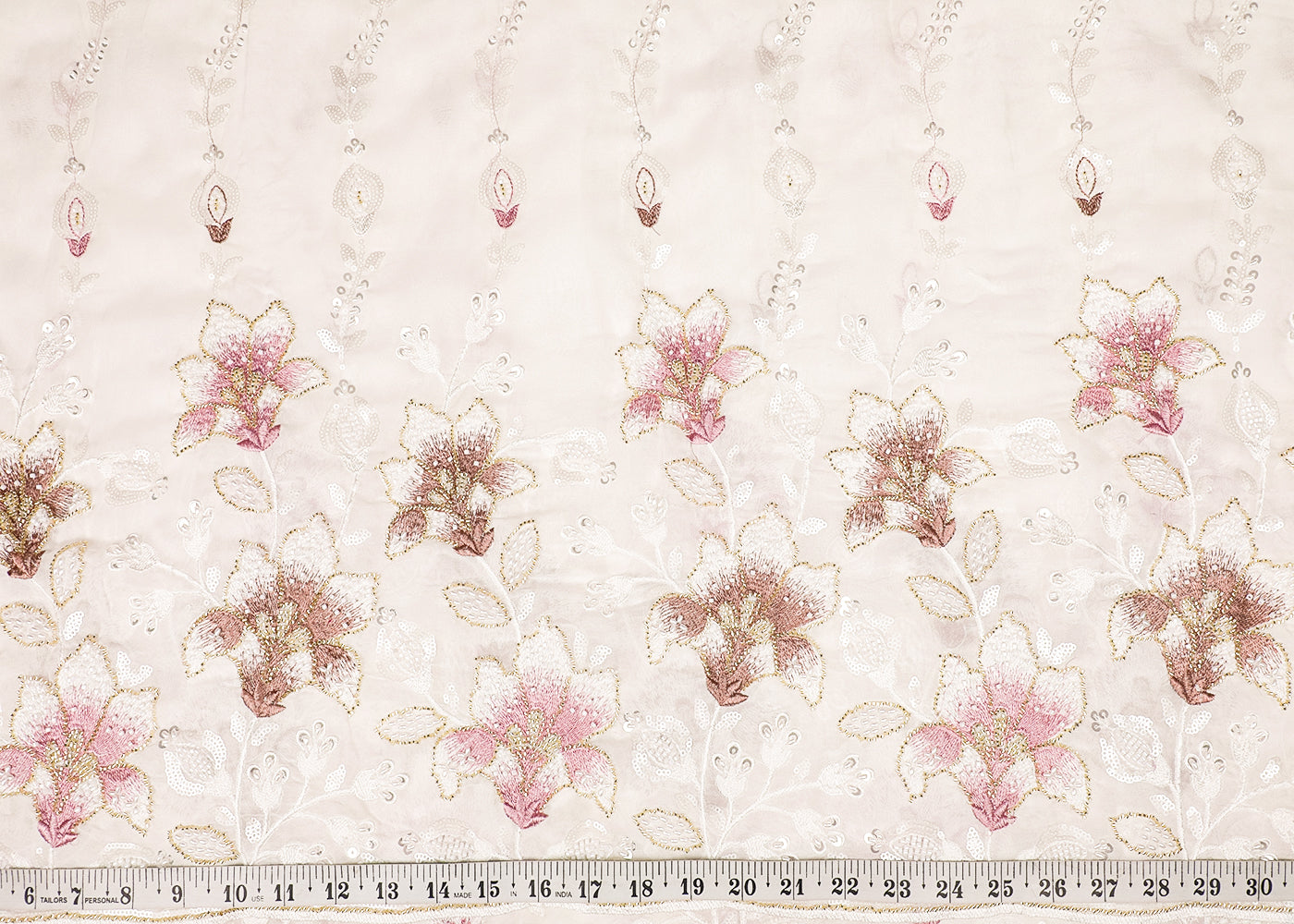White Georgette Fabric With All Over Thread, Bead And Sequins Work With One Side Border 19176