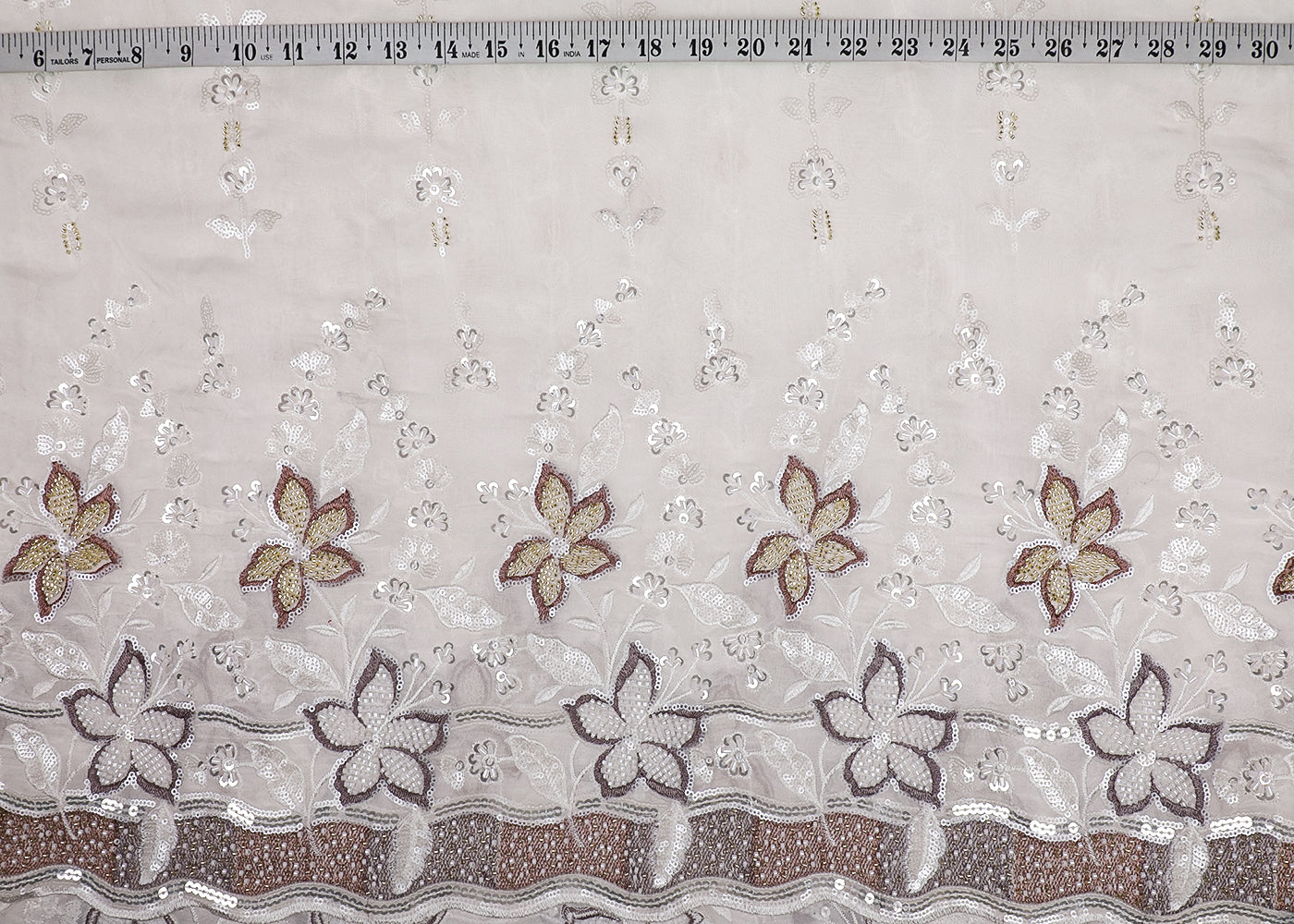 White Georgette Fabric With All Over Thread, Bead And Sequins Work With One Side Border 19178