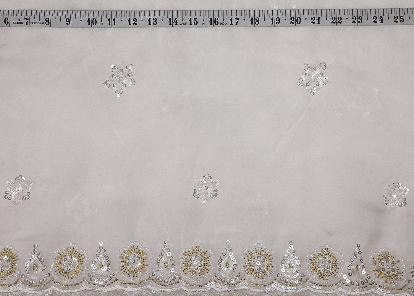 White Organza Fabric With All Over Bead And Sequins Work With Two Side Border 19179