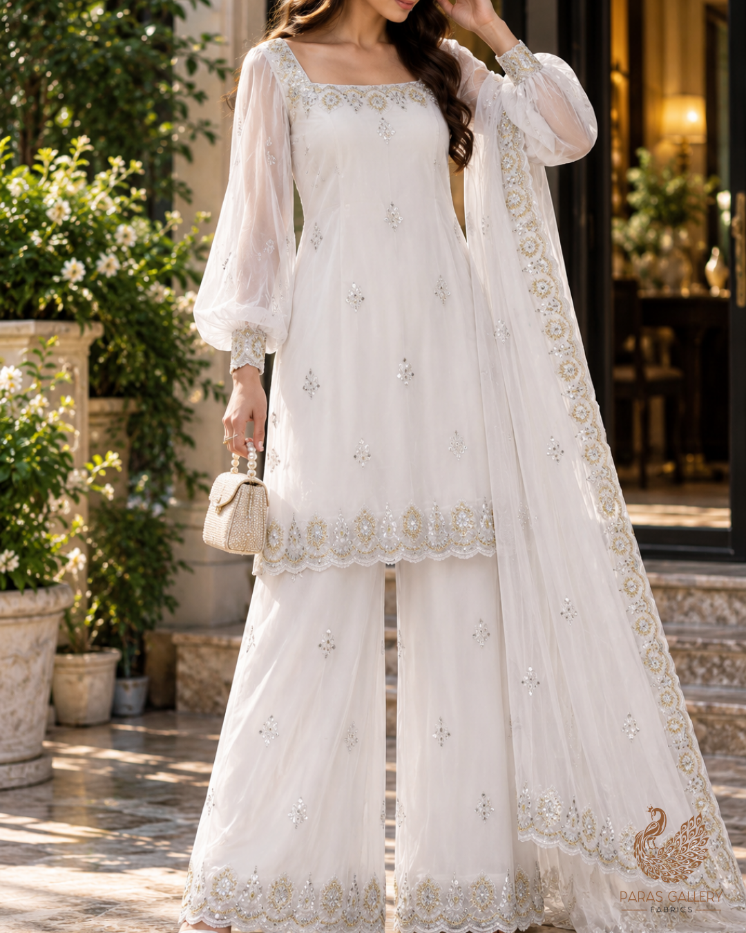White Dyeable Organza Dupatta Fabric With All Over Bead And Sequins Work With Two Side Border 19179
