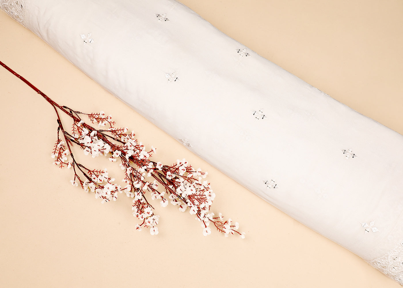 White Georgette Dupatta Fabric With All Over Thread And Sequins Work With Two Side Border 19180