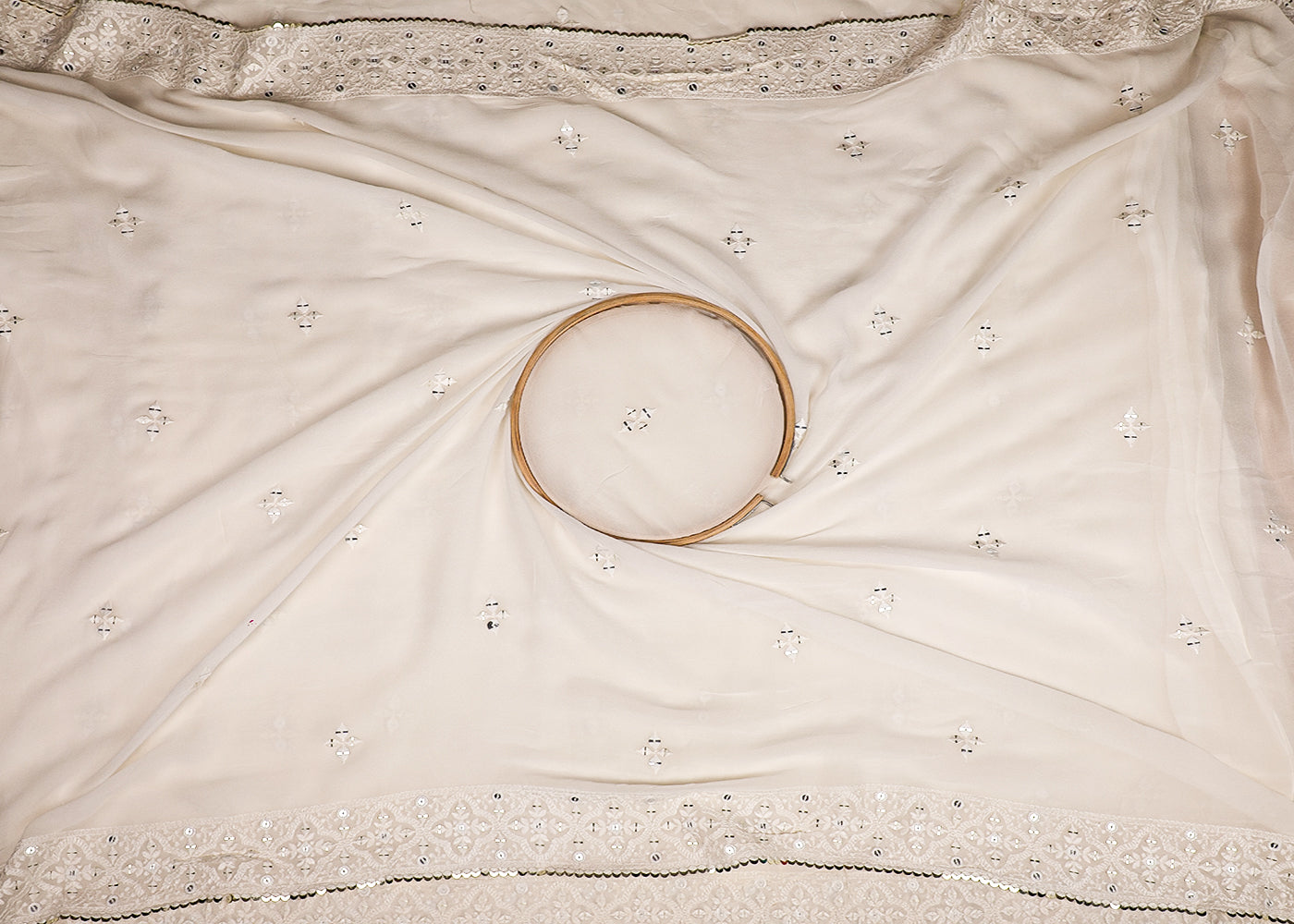 White Georgette Dupatta Fabric With All Over Thread And Sequins Work With Two Side Border 19180