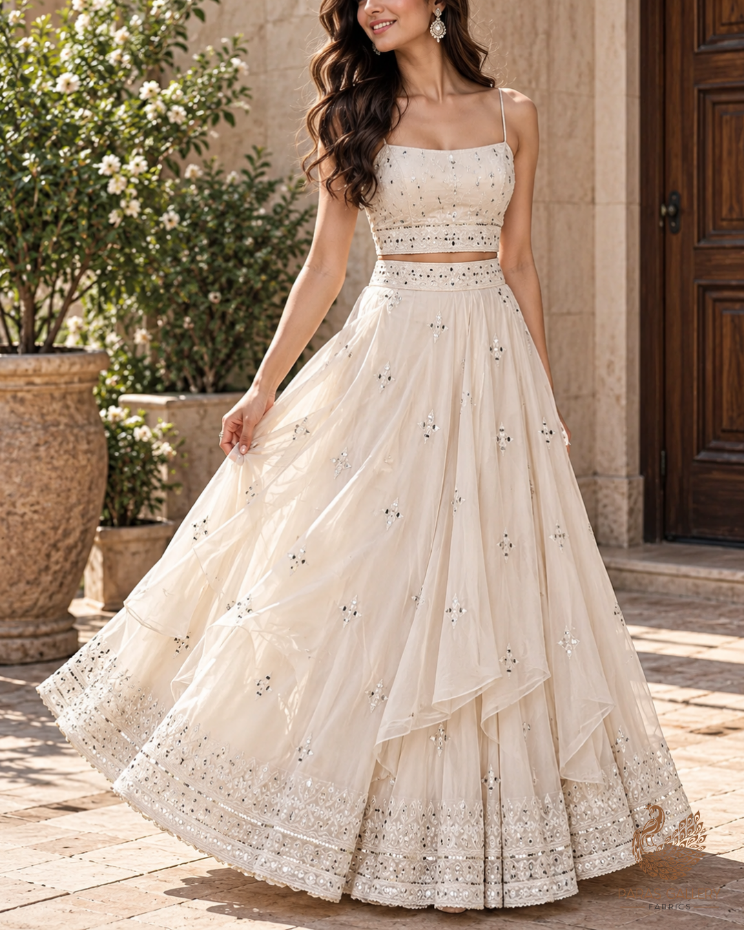 White Dyeable Georgette Dupatta Fabric With All Over Thread And Sequins Work With Two Side Border 19180