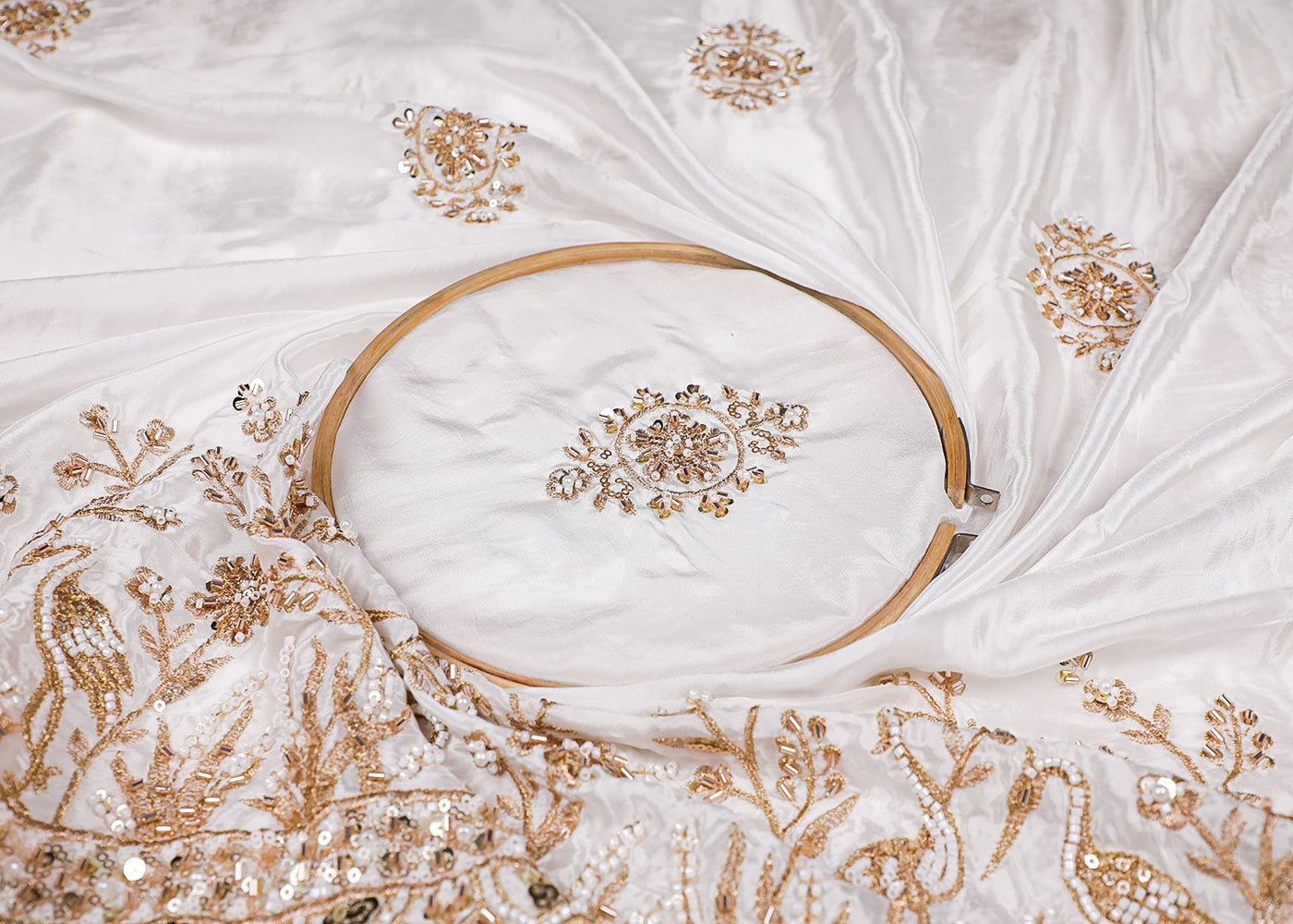 White Crepe Fabric With All Over Zari, Bead, Katdana And Sequins Work With One Side Bird Motif Border 19182