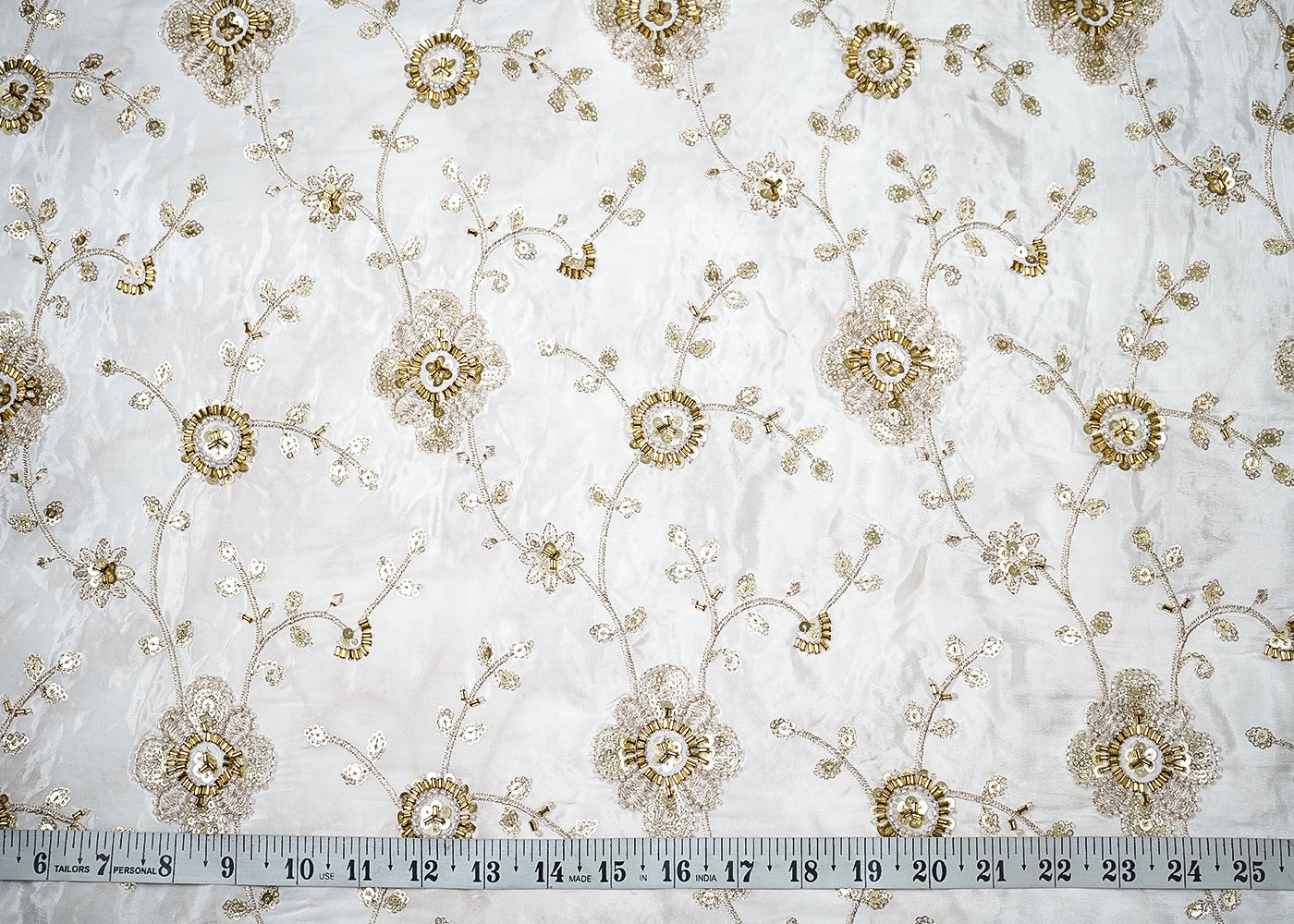 White Crepe Fabric With All Over Katdana, Bead, Sequins And Zari Work 19184