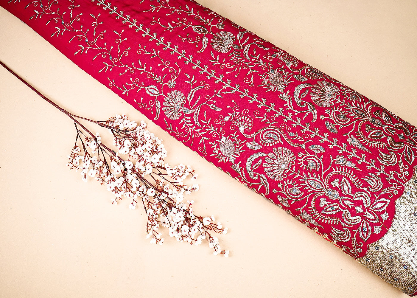 Rani Pink Georgette Fabric With All Over Zari And Sequins Work With One Side Border 19186