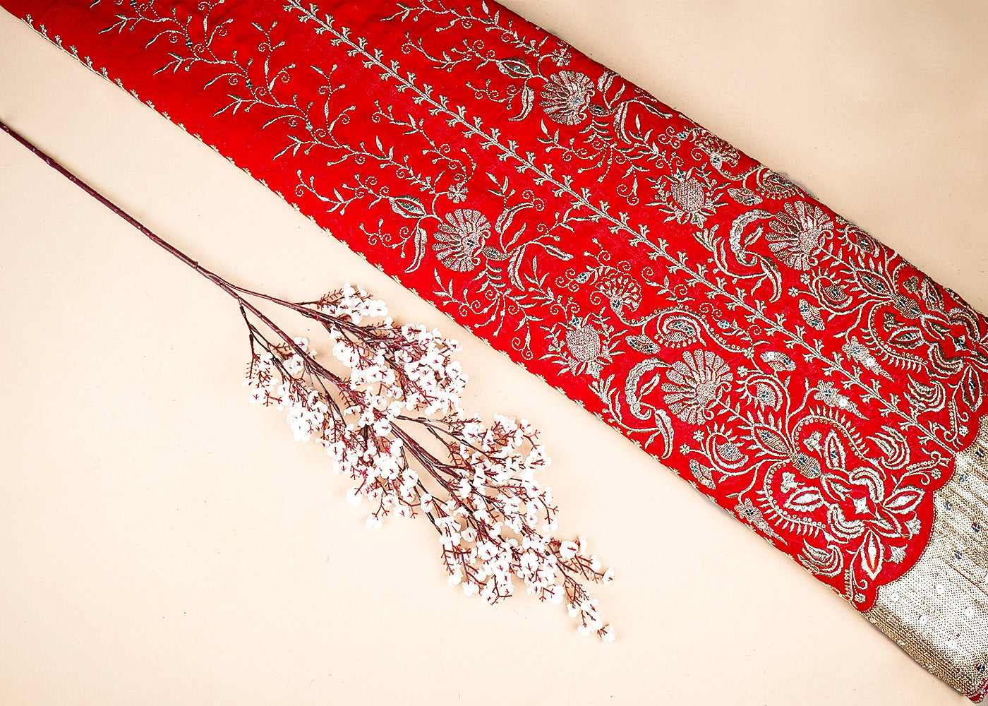 Red Georgette Fabric With All Over Zari And Sequins Work With One Side Border 19187