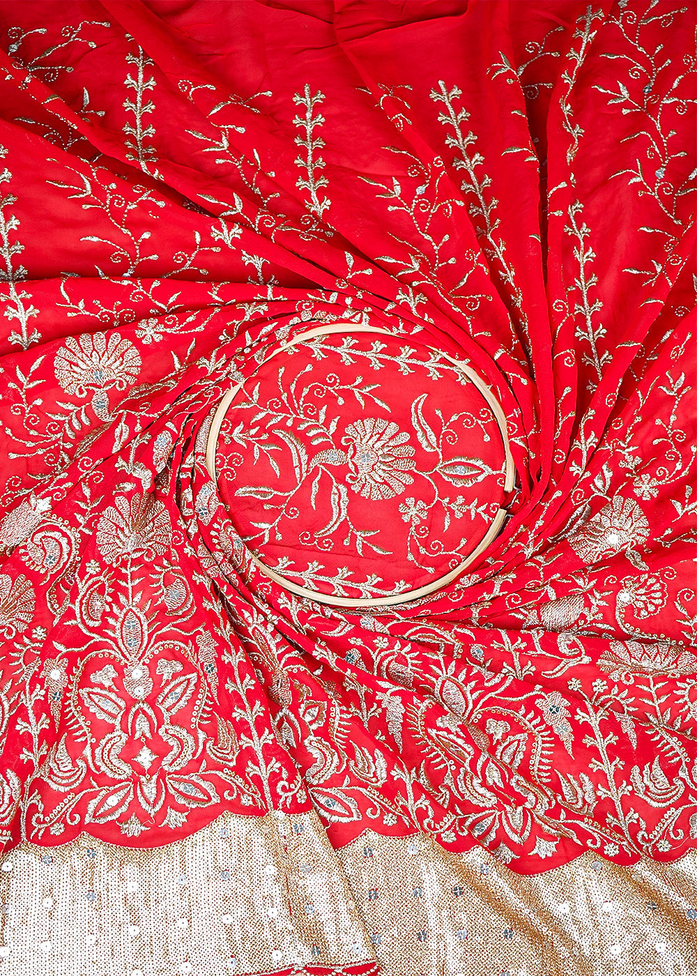 Red Georgette Fabric With All Over Zari And Sequins Work With One Side Border 19187