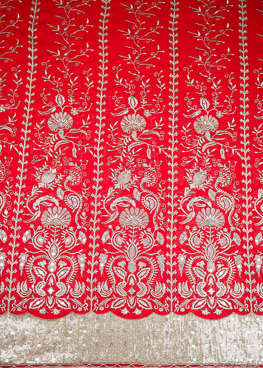 Red Georgette Fabric With All Over Zari And Sequins Work With One Side Border 19187