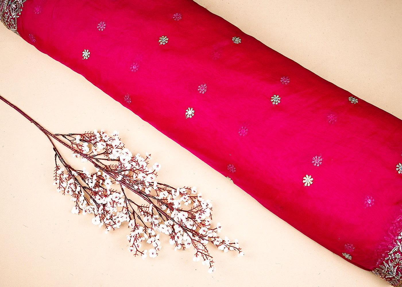 Rani Pink Organza Dupatta Fabric With All Over Buti Of Zari And Sequins Work With Two Side Border 19188